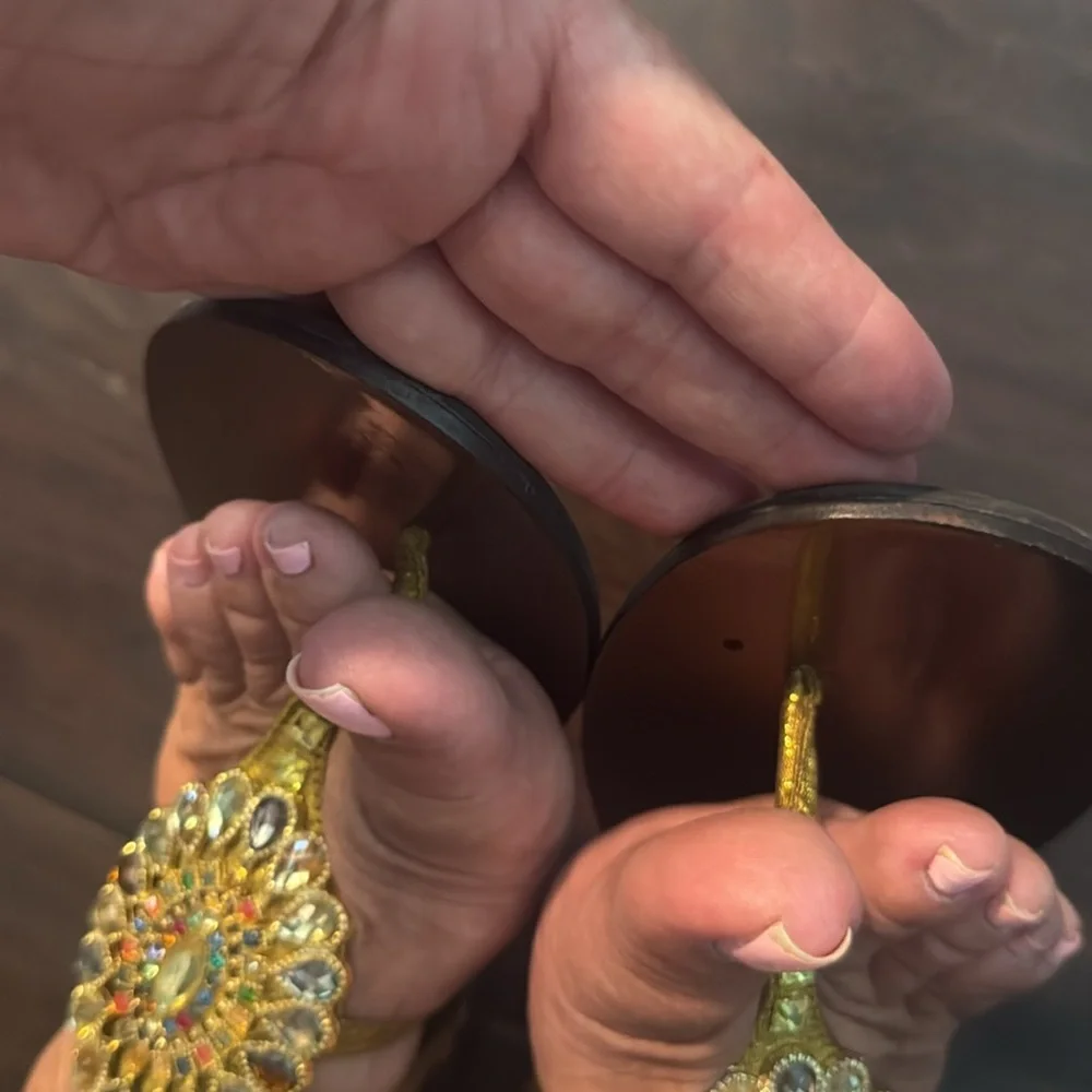Embellished Gold T-Strap Women's Sandals